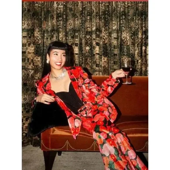 MIXED by Nasrin Sz XS Red Pink Floral Velvet Blazer Jacket Ruby - Picture 10 of 10